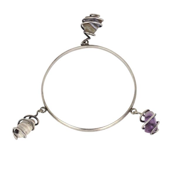 Purple Amethyst Agate Dangle Crystal Bangle | Vintage Sterling Silver 925 | 8.5" - Picture 10 of 13